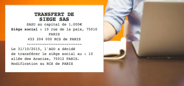 annonce légale transfert de siege sas